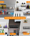 4 Pack Pegboard Baskets Set With Hooks, Square Style Pegboard Organizers for workbench and garage storage, displayed in use in tool shed, kitchen, restrooms, gym, and decoration settings. Each basket holds up to 30 lbs.
