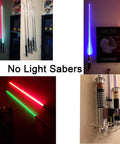 Clear Lightsaber Wall Mount And Holder With Clip Hardware Included displaying multiple lightsabers on a wall.