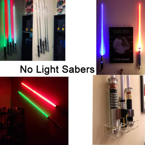 Clear Lightsaber Wall Mount And Holder With Clip Hardware Included displaying multiple lightsabers on a wall.