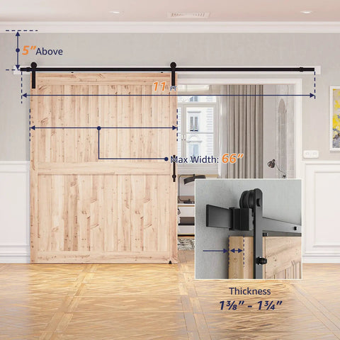 Image of All In One Heavy Duty Sliding Barn Door Hardware Kit Features 11 Foot Track with dimensions, showcasing smooth operation. no door included.
