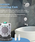 Pressure Balancing Shower Valve Replacement Cartridge For R110 R120 R115 R125 Series displayed next to bathtub and showerhead.