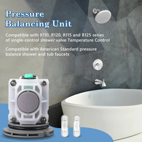 Pressure Balancing Shower Valve Replacement Cartridge For R110 R120 R115 R125 Series displayed next to bathtub and showerhead.