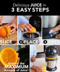 Compact Automatic Citrus Juicer With Hands Free Electric Press For Fresh Orange Lemon Lime Extract in 3 simple steps.