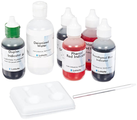 Comprehensive Soil pH Test Kit for Home Gardens DIY 3.8 to 8.4 pH with five indicator reagents and distilled water bottles.