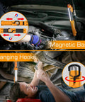 Lit 1000 Lumen LED Work Light With Rechargeable Design for Mechanics dual magnetic bases and hanging hooks in use