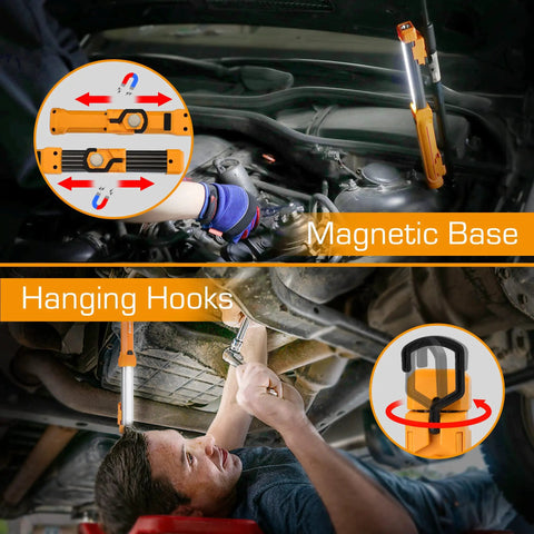 Lit 1000 Lumen LED Work Light With Rechargeable Design for Mechanics dual magnetic bases and hanging hooks in use