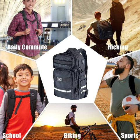 Collage showcasing Waterproof Motorcycle Helmet Backpack With USB Port used for commuting, hiking, school, sports, and biking.