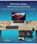 Before and after setup with Under Desk Keyboard Tray That Slides Out With Adjustable Clamps For Desks Up To 1.5 Inches Clamp On