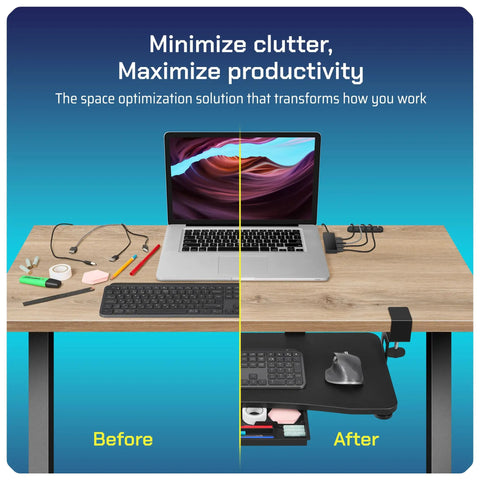 Before and after setup with Under Desk Keyboard Tray That Slides Out With Adjustable Clamps For Desks Up To 1.5 Inches Clamp On