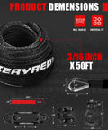 Beefed Up 8500Lbs 50 Feet 3 16 Inch Synthetic Winch Rope Kit with rope, hook, fairlead, and dimensions layout.