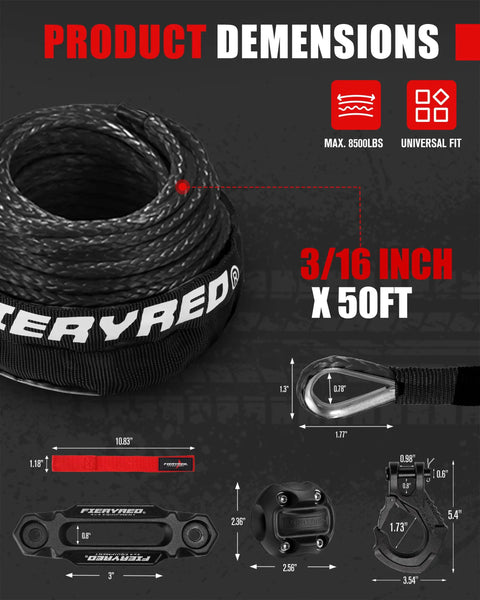 Beefed Up 8500Lbs 50 Feet 3 16 Inch Synthetic Winch Rope Kit with rope, hook, fairlead, and dimensions layout.