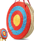 Portable 20 Inch Round Straw Archery Target, 4 Inch Thick, Lightweight Handmade Solid Straw Target With Deep Red Finish, colorful rings.
