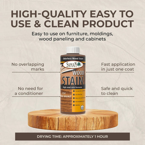Water Based Wood Stain For Furniture Cabinets And Trim In Antique Walnut Finish Odorless Low VOC Safe For People And Pets Ideal For Hardwood Floors Showcases Rich Color And Easy Smooth Application 12 Oz, shown on wooden base.