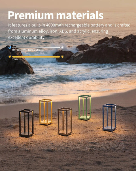 Cordless Waterproof Table Lamps Set of 2 Black Outdoor Go-To Rechargeable Desk Lamps on a beach at sunset
