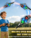 Child flying Remote Control RC Airplane With Spray Effect And LED Lights, performing 360 degree flips in open field