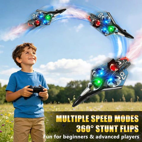 Child flying Remote Control RC Airplane With Spray Effect And LED Lights, performing 360 degree flips in open field