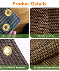 Close-up of 90 Percent UV Blocking Sun Shade Cloth 10x30 Ft showing brass grommets, reinforced edge, mocha HDPE material, breathable fabric.
