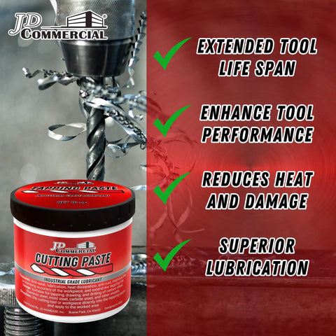 Image of All Metal Cutting Paste 10 Oz Lubricant For Drilling Milling Tapping And Threading with close-up on the product and a drilling process in background, emphasizing reduction of heat and tool life extension.
