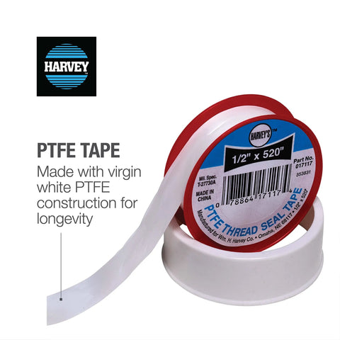PTFE Thread Seal Tape Half Inch By 260 Inches White And Blue Spool, shown in packaging, for plumbing and gas line sealing.