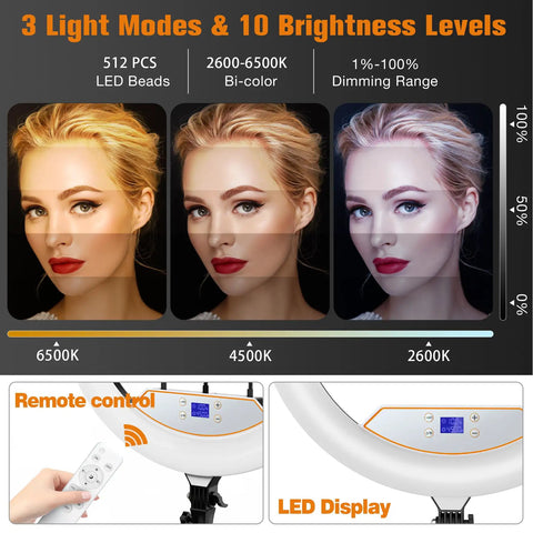 Big 22 Inch Ring Light With Stand And 75 Inch Tripod showcasing 2600K to 6500K color temperature settings and bright LED display.