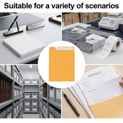 25 Pack Manila Self Seal Envelopes 9x12 Catalog Mailers With Kraft Finish in various office scenarios