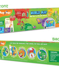 Front and back view of Mapology World Map With Reusable Stickers For Kids Ages Five To Twelve Hands On Interactive Wall Map Learning Game