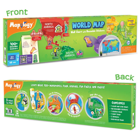 Front and back view of Mapology World Map With Reusable Stickers For Kids Ages Five To Twelve Hands On Interactive Wall Map Learning Game