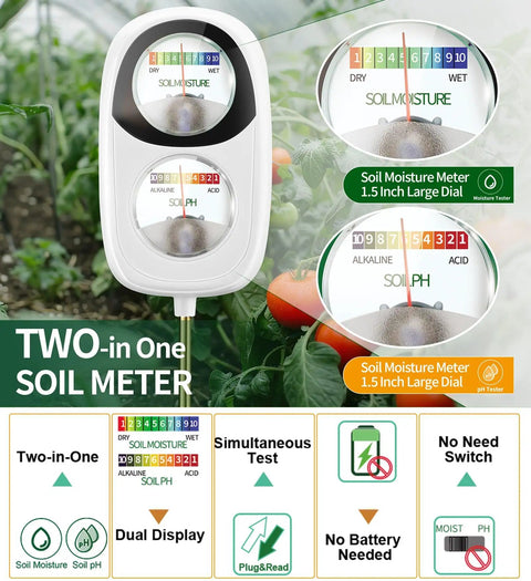 2-In-1 Soil Moisture And pH Test Kit With Dual Dial Meter, shows large dials and labels, indoor/outdoor use feature display.