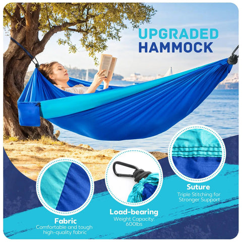 Ultralight Parachute Nylon Camping Hammock With Two Tree Straps Supports Up To 600 Lbs For Single Or Double Use Travel Swing Outdoor Gear For Beach Backpacking And Hiking Blue