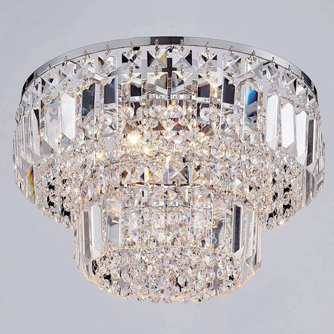 Lit Modern Chrome Crystal Flush Mount LED Chandelier Light Fixture For Dining Room Living Room Bedroom And Bath 4 G9 Bulbs Required 13 Inch Diameter And 9 Inch Height shown from below with crystal glass tubes and chrome finish