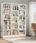 Triple Wide Bookshelf With Six Tier Storage And Seventeen Open Shelves In Pure White filled with books and decor in a bright living room