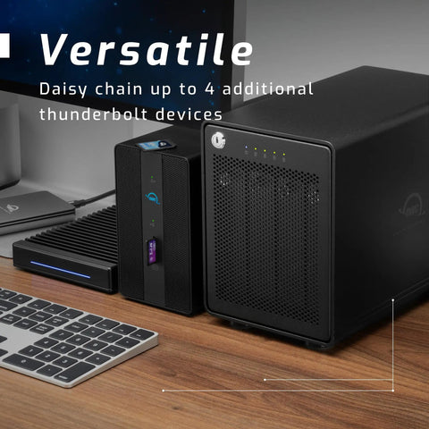 Thunderbolt 4 16TB Raid Enclosure With Four Storage Bays connected to a desk setup for easy access and data management.