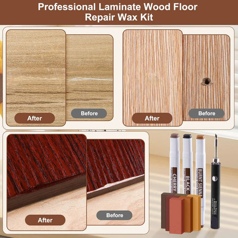 Before and after images showing results of Slick Vinyl Floor Repair Kit With Smart Heat Tool for hardwood laminate repair.