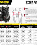 Beginner Diver Starter Pro Kit With Start Pro 2.0 BCD size chart and technical data for warm to temperate waters Black XL