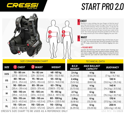 Beginner Diver Starter Pro Kit With Start Pro 2.0 BCD size chart and technical data for warm to temperate waters Black XL