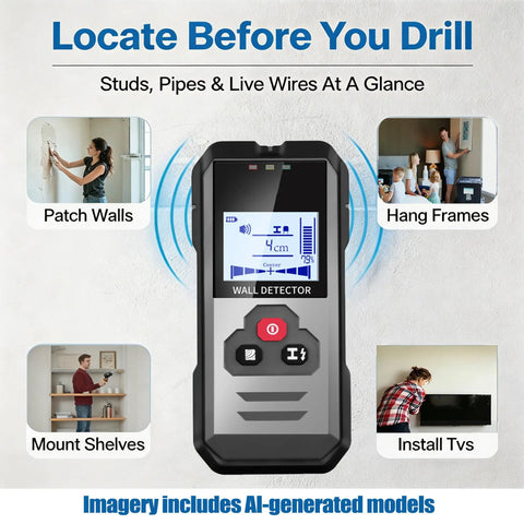 Wall Scanner Stud Finder with Deep Scan 4 Depth Modes-Electronic Stud Detector for Wood,Metal,AC Wires,Pipes,Rebar with LCD Display-Black in use for installing TVs and hanging frames.