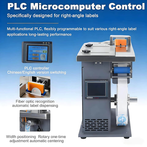 High Precision 90 Degree Corner Labeler With Plc Control And Plus Or Minus 0 5mm Accuracy Speeds Of 15 To 30 Labels Per Minute features a PLC touchscreen controller.