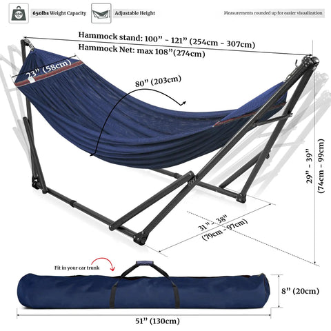 Two Person Hammock With Stand Foldable Outdoor Hammock Set 600 Lb Capacity Portable Carrying Case Aegean Color Breathable 2 Layer Net
