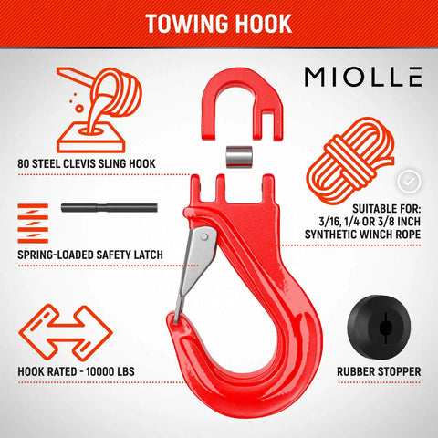 Towing hook for Beefy Synthetic Winch Line For ATV UTV And Snow Plow Pre Stretched 8200 LBS MBS Quarter Inch By 50 Feet Rope