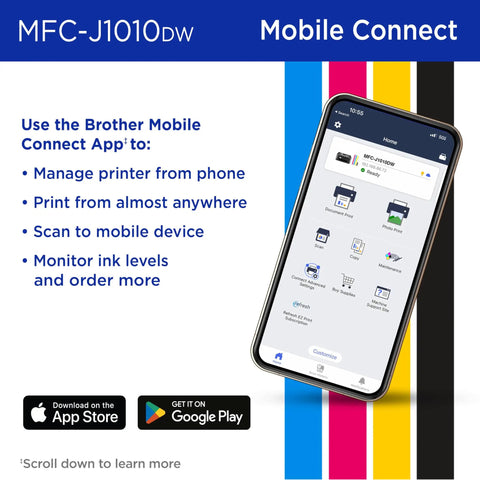Mobile screen showing Brother Mobile Connect App features for Compact Desktop Wireless Color Inkjet All In One Printer Featuring Auto Duplex And Lightning Fast Copy Scan Fax Plus Cloud Sync Ready Alexa Integrated For Zero Hassle Setup.