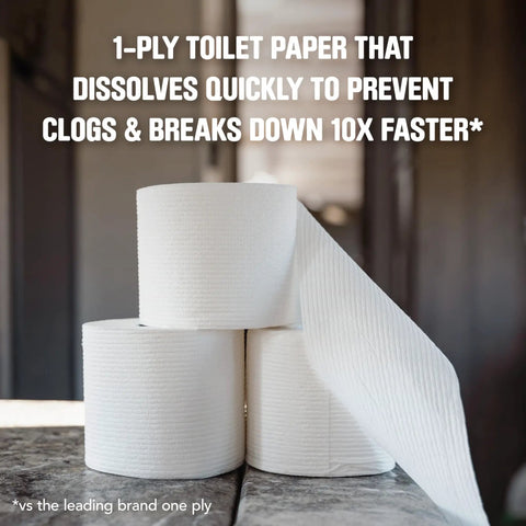 Rapid-Dissolving Toilet Paper 12 Double Rolls 1-Ply 231 Sheets Per Roll Septic-Safe Clog-Free on a countertop