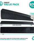 Heavy Duty Composite Shims 576 Pack Leveling Wedges Built Tough For Tables Doors And Decks Levels Floors Smooth As Silk Made In Usa With Fast Prescored Cuts Zero Warp Or Bend Stack Them Up Indoors Or Job Site Quick Diy Fix Ready, black composite shims showing taper measurements.