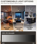 Big 72 Inch Ceiling Fan With Lights, 8000 CFM Industrial High Airflow Ceiling Fan With Remote And App Control, 7 Aluminum Blades, Dimmable LEDs, Ideal For Outdoor Patio, Garage, Shop, Black, showing customizable light options in warm, natural, and cool white.