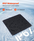 Go-To 20W 12V Solar Panel Battery Charger with IP67 waterproof feature over water background.