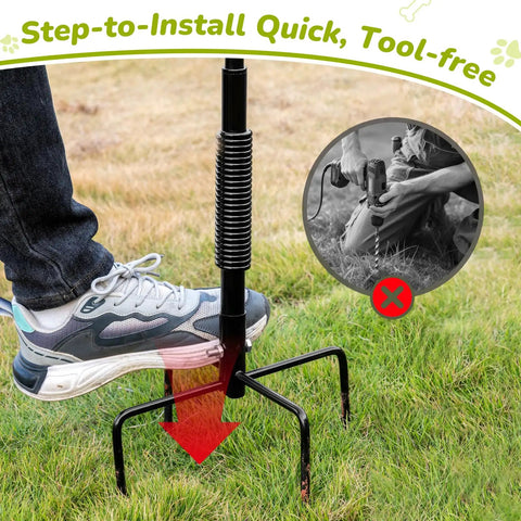 Easy installation of 360 Degree Rotation Tether Dog Rope Toy Set For Solo Yard Park Play, foot pressing pole into ground