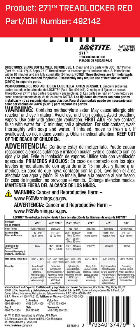 Back label of Automotive Threadlockers 271 And 242 Set Pro Grade High Strength And Medium Strength Anaerobic Adhesives