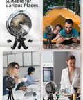 Cooling Misting Stroller Fan With 6000mAh Battery in various settings; camping, office, and kitchen