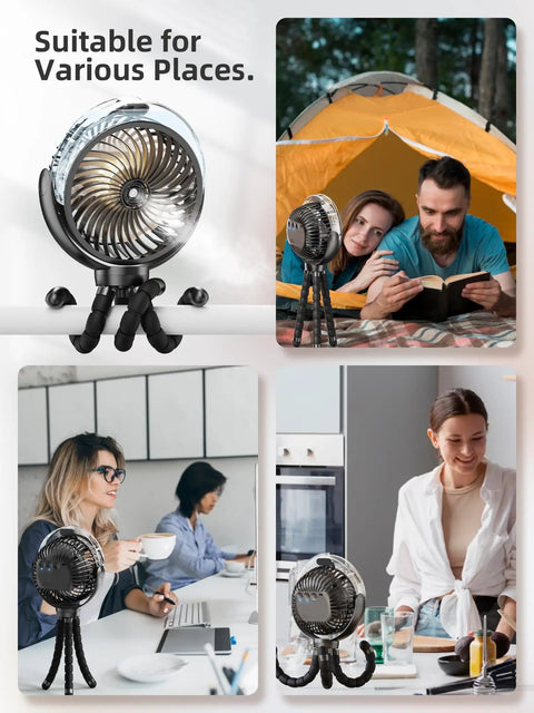 Cooling Misting Stroller Fan With 6000mAh Battery in various settings; camping, office, and kitchen