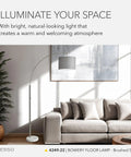 Sleek Arc Floor Lamp With Marble Base And Grey Linen Shade, Brushed Steel Stem, illuminating living room above a sofa.
