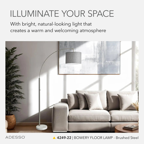 Modern living room with Arc Floor Lamp With Marble Base And Off White Linen Shade, Adjustable Overhead Lighting, near sofa.